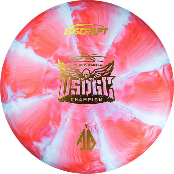 Discraft CT Swirl Focus putt & approach disc, Anthony Barela 2025 USDGC Champion Focus stamp, red and light blue disc