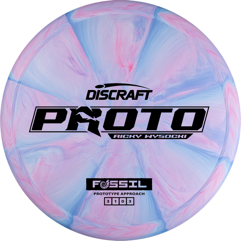 Discraft CT Swirl Ricky Wysocki Fossil putt & approach disc, Ricky Wysocki Proto Bar Stamp stamp, light purple and light blue disc