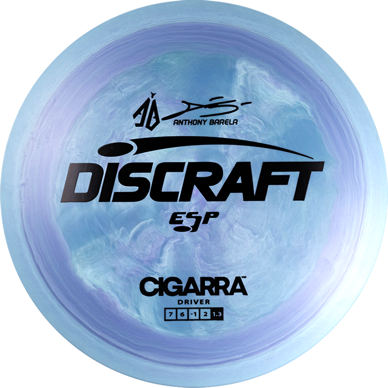 Discraft ESP Anthony Barela Cigarra fairway driver disc, Anthony Barela Signature Series stamp, blue and blurple disc