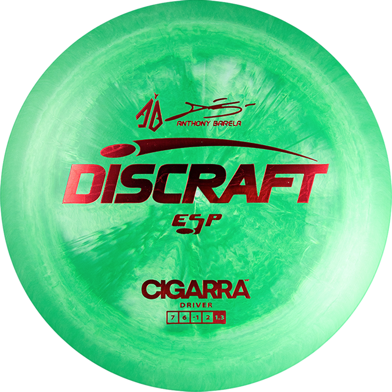 Discraft ESP Anthony Barela Cigarra fairway driver disc, Anthony Barela Signature Series stamp, green and light green disc