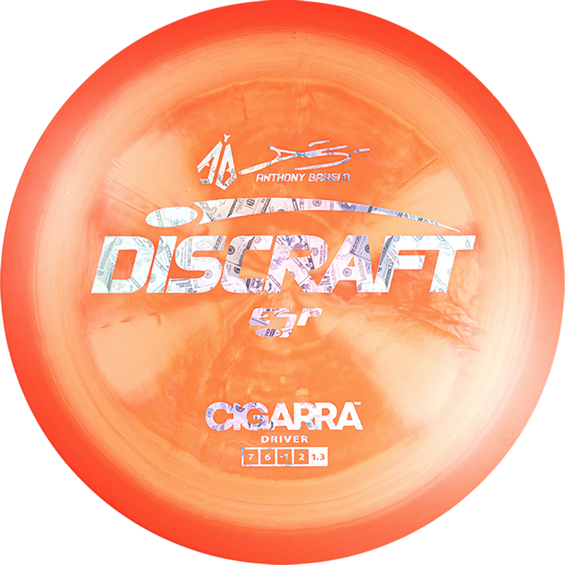 Discraft ESP Anthony Barela Cigarra fairway driver disc, Anthony Barela Signature Series stamp, orange and light orange disc