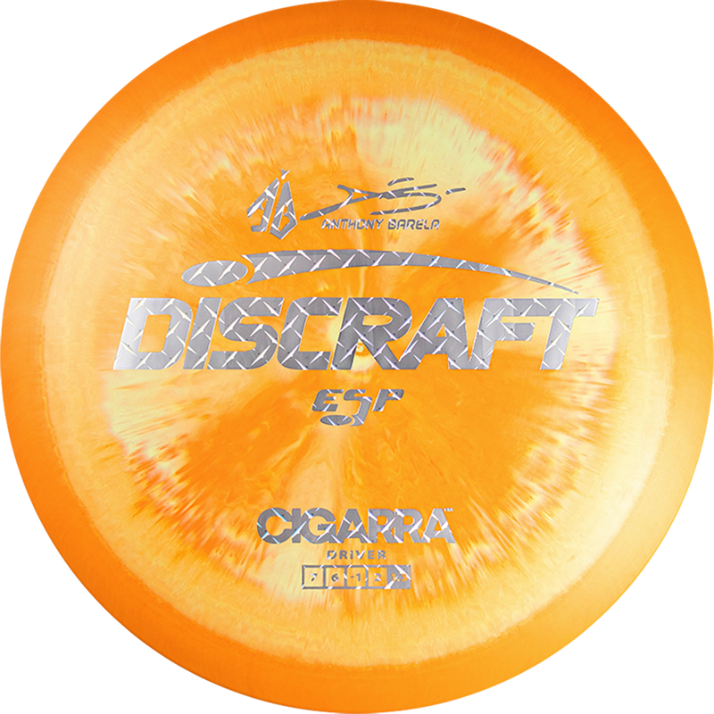 Discraft ESP Anthony Barela Cigarra fairway driver disc, Anthony Barela Signature Series stamp, orange and light yellow disc