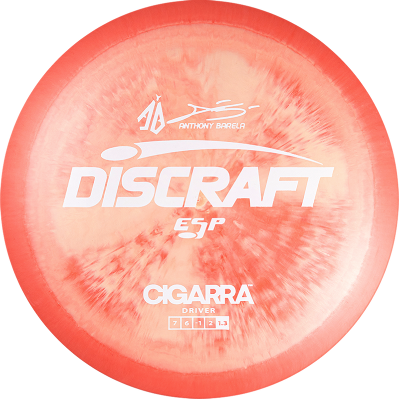 Discraft ESP Anthony Barela Cigarra fairway driver disc, Anthony Barela Signature Series stamp, orange-red and light red disc
