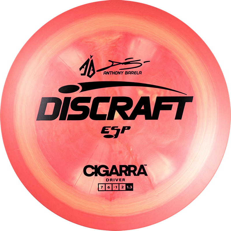 Discraft ESP Anthony Barela Cigarra fairway driver disc, Anthony Barela Signature Series stamp, peach and light orange disc