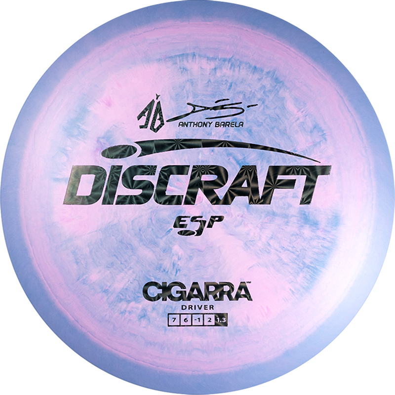 Discraft ESP Anthony Barela Cigarra fairway driver disc, Anthony Barela Signature Series stamp, pink and blurple disc