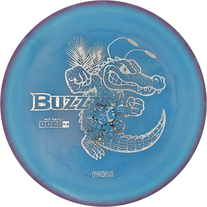Discraft ESP Buzzz midrange disc, ThroFlo “Gator Buzzz” stamp, blue and purple disc