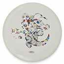 Discraft ESP Buzzz midrange disc, ThroFlo “Gator Buzzz” & Discraft Bottom Stamp stamp, white disc