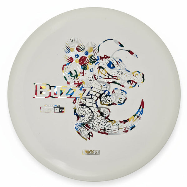 Discraft ESP Buzzz midrange disc, ThroFlo “Gator Buzzz” & Discraft Bottom Stamp stamp, white disc