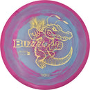 Discraft ESP Buzzz midrange disc, ThroFlo “Gator Buzzz” stamp, magenta and blurple disc