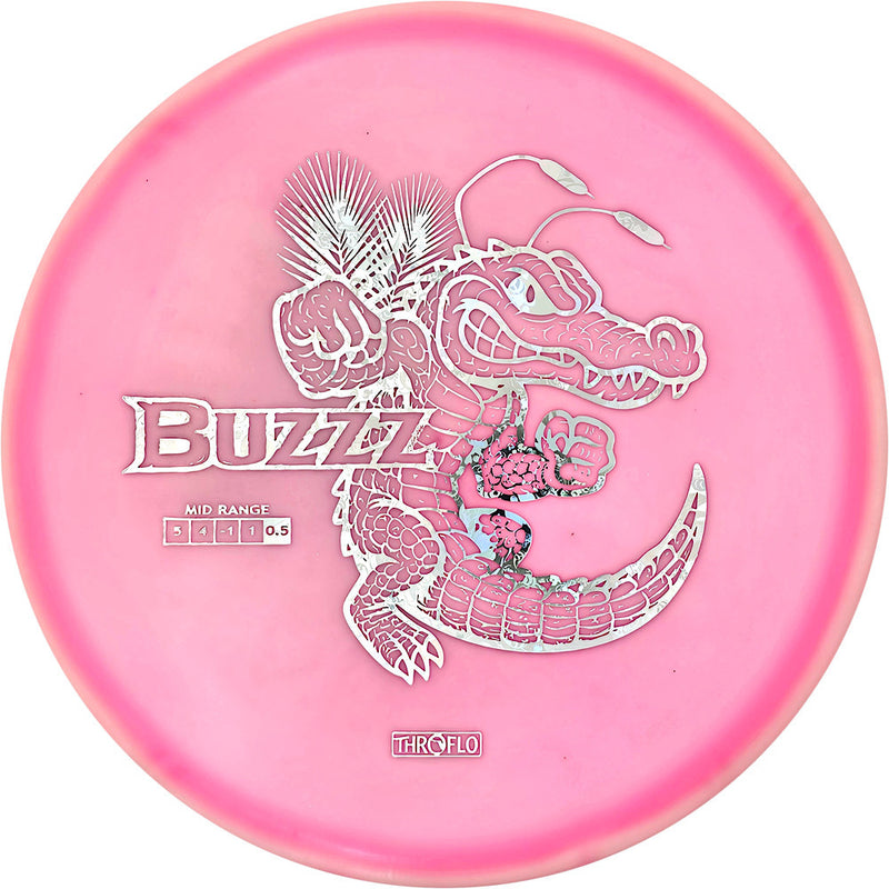 Discraft ESP Buzzz midrange disc, ThroFlo “Gator Buzzz” stamp, pink and white disc