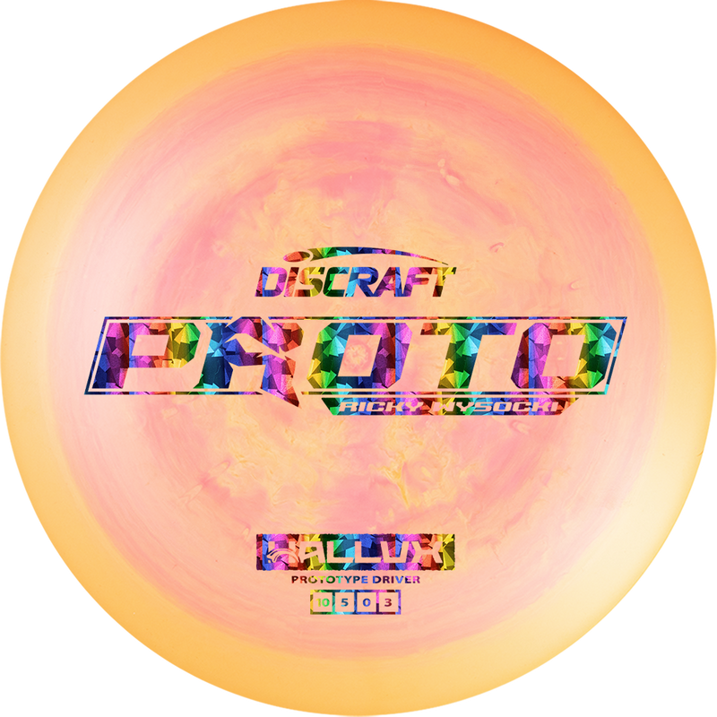 Discraft ESP Ricky Wysocki Hallux driver disc, Ricky Wysocki Proto Bar Stamp stamp, light pink and orange disc