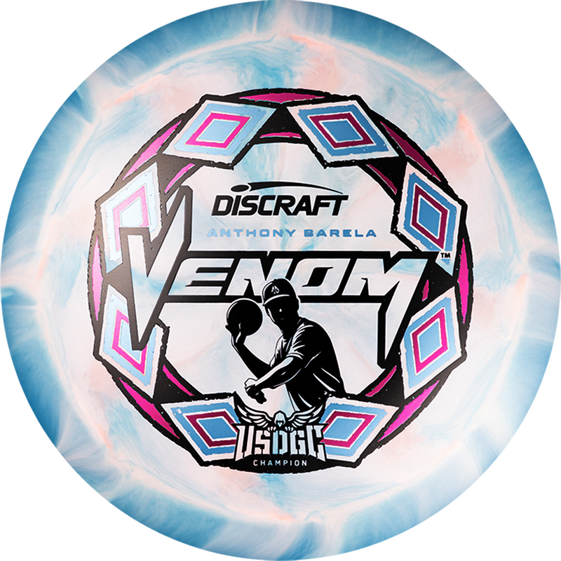 Discraft ESP Swirl Venom driver disc, Anthony Barela 2025 USDGC Champion stamp, blue and light orange disc
