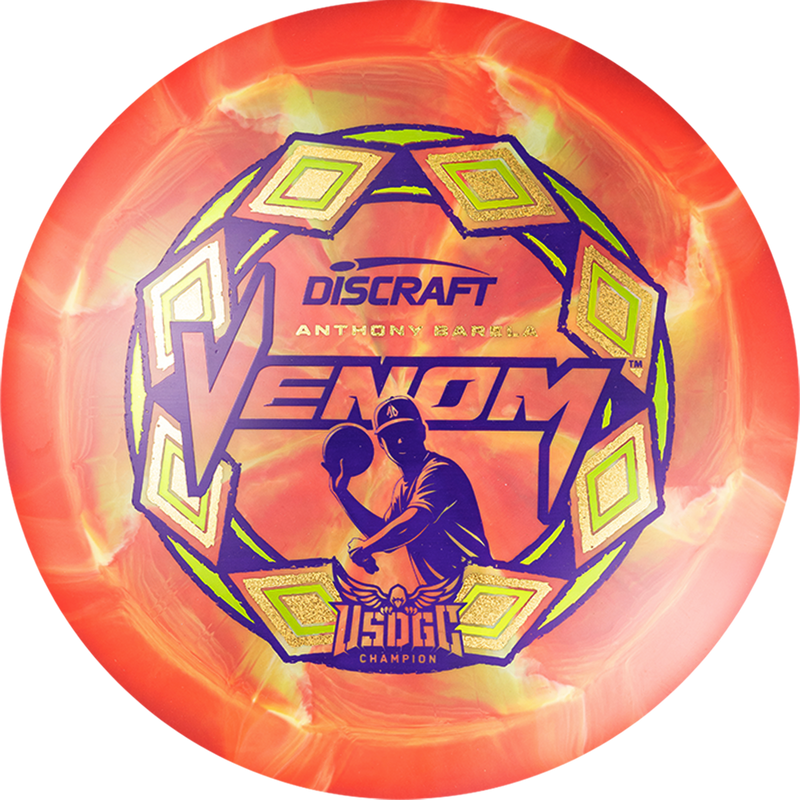 Discraft ESP Swirl Venom driver disc, Anthony Barela 2025 USDGC Champion stamp, orange and yellow disc