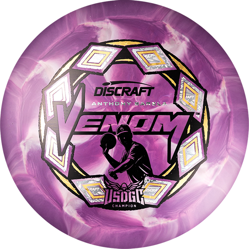 Discraft ESP Swirl Venom driver disc, Anthony Barela 2025 USDGC Champion stamp, purple and light pink disc