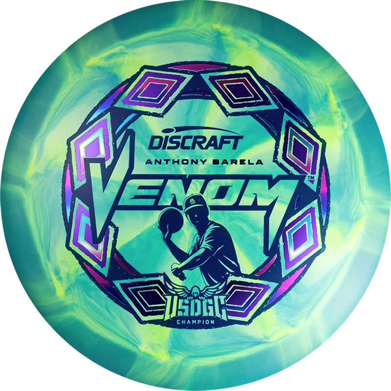 Discraft ESP Swirl Venom driver disc, Anthony Barela 2025 USDGC Champion stamp, teal and green yellow disc