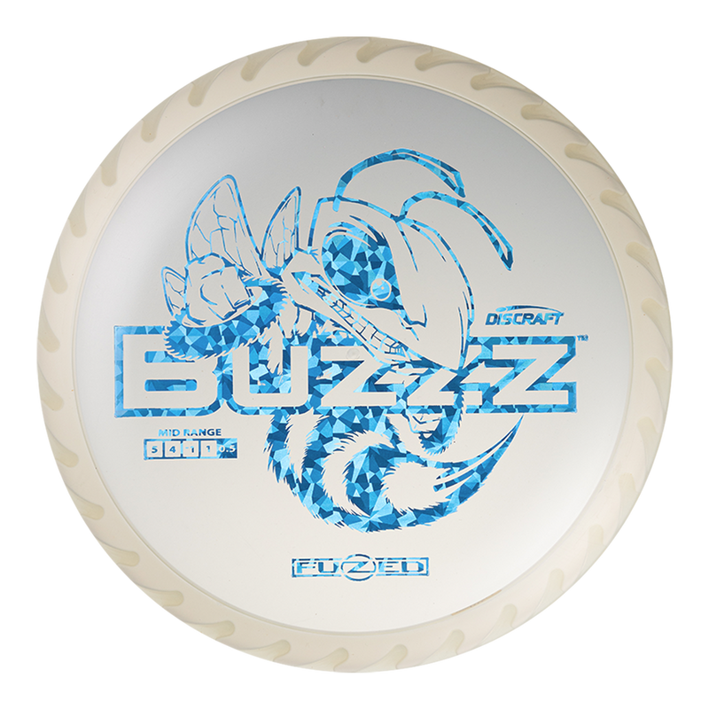 Discraft FuZed Buzzz midrange disc, Buzzz Saw stamp, clear disc with clear and gray rim