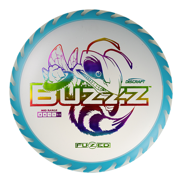 Discraft FuZed Buzzz midrange disc, Buzzz Saw stamp, light blue disc with blue and light blue rim