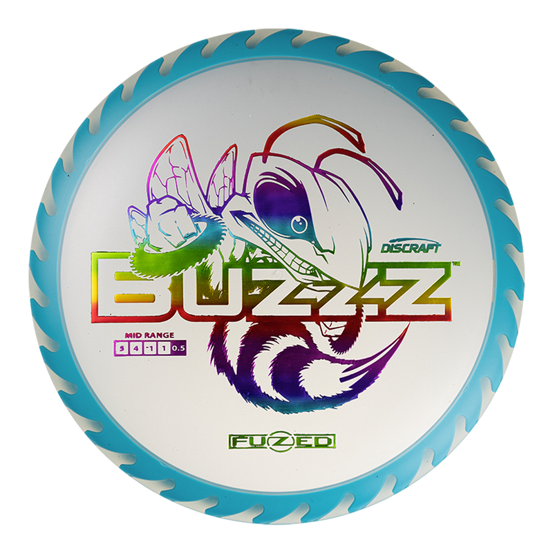 Discraft FuZed Buzzz midrange disc, Buzzz Saw stamp, light blue disc with blue and light blue rim