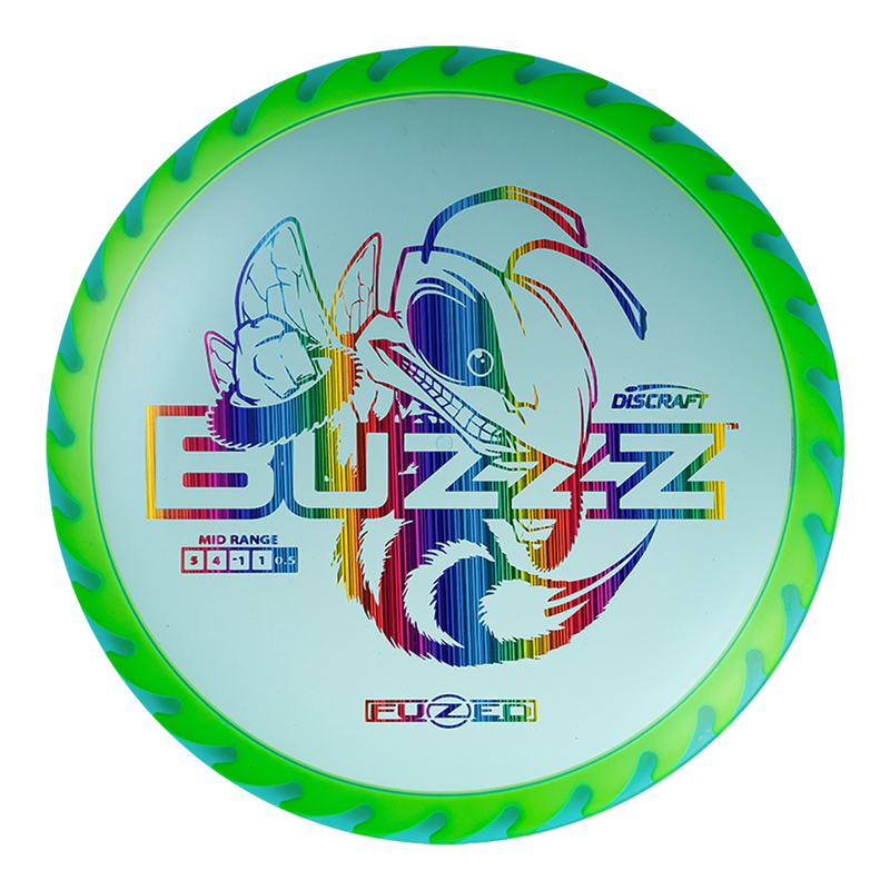 Discraft FuZed Buzzz midrange disc, Buzzz Saw stamp, light blue disc with green and blue rim