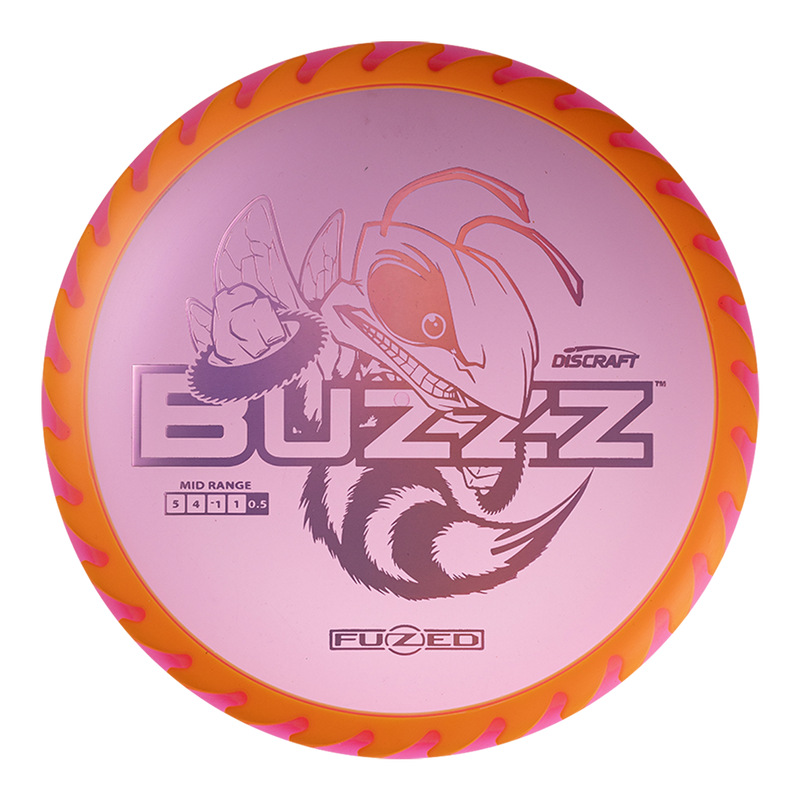 Discraft FuZed Buzzz midrange disc, Buzzz Saw stamp, light blurple disc with orange and pink rim