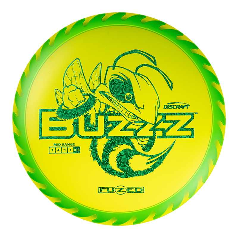 Discraft FuZed Buzzz midrange disc, Buzzz Saw stamp, yellow disc with green and yellow rim