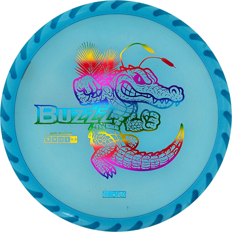 Discraft FuZed Buzzz midrange disc, ThroFlo “Gator Buzzz” stamp, blue disc with white rim