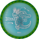 Discraft FuZed Buzzz midrange disc, ThroFlo “Gator Buzzz” stamp, green disc with blue rim