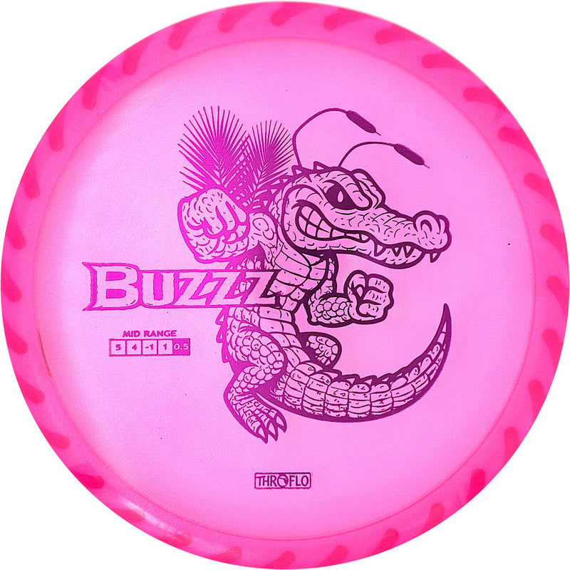 Discraft FuZed Buzzz midrange disc, ThroFlo “Gator Buzzz” stamp, pink disc with white rim