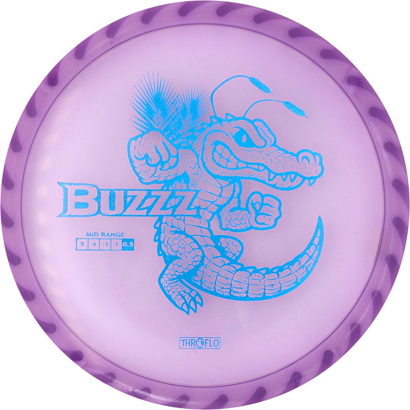 Discraft FuZed Buzzz midrange disc, ThroFlo “Gator Buzzz” stamp, purple disc with white rim