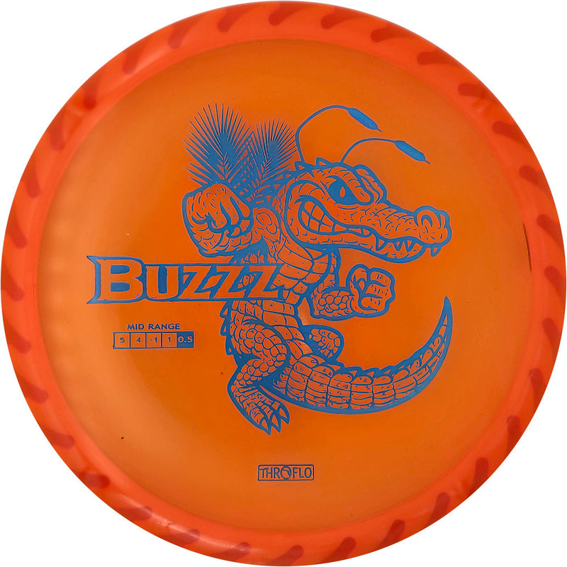 Discraft FuZed Buzzz midrange disc, ThroFlo “Gator Buzzz” stamp, red disc with orange rim