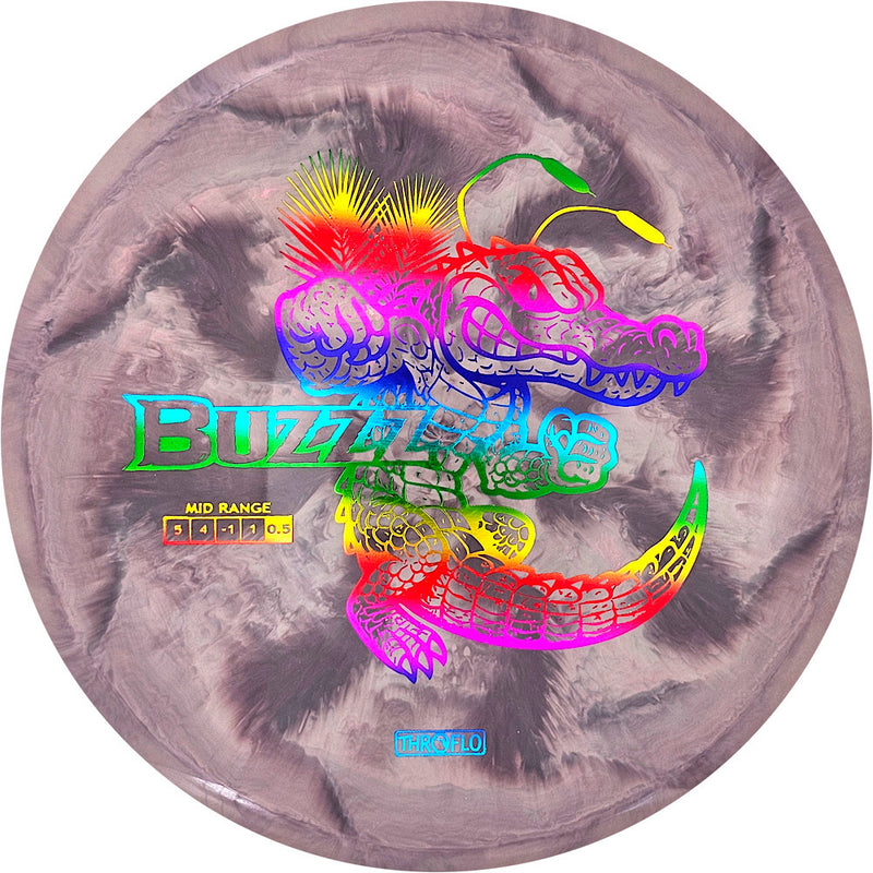 Discraft Recycled ESP Buzzz midrange disc, ThroFlo “Gator Buzzz” stamp, gray and dark purple disc