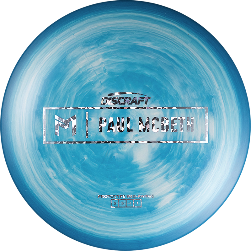 Discraft Special Blend Paul McBeth Malita midrange disc, Paul McBeth Prototype Bar Stamp stamp, blue and light blue disc
