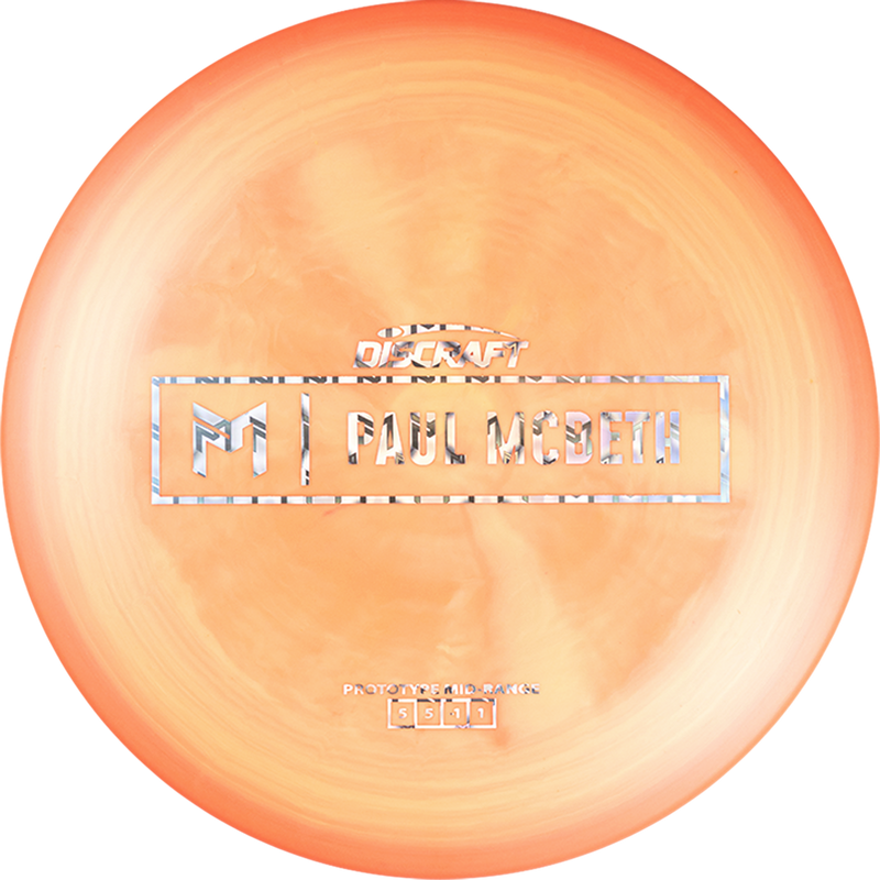 Discraft Special Blend Paul McBeth Malita midrange disc, Paul McBeth Prototype Bar Stamp stamp, orange and light orange disc