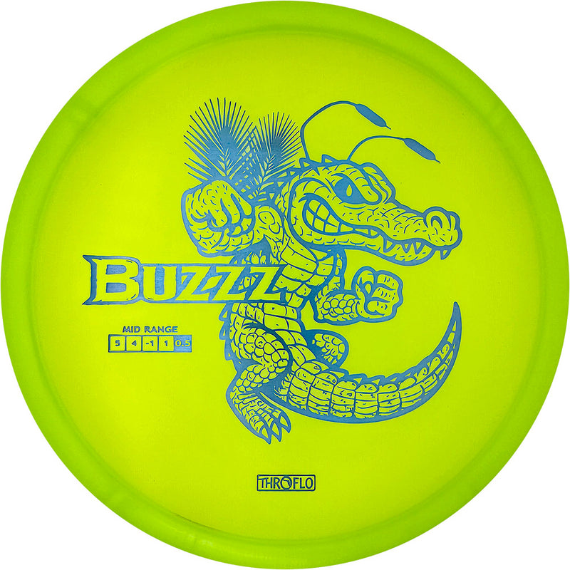 Discraft Z Buzzz midrange disc, ThroFlo “Gator Buzzz” stamp, green disc