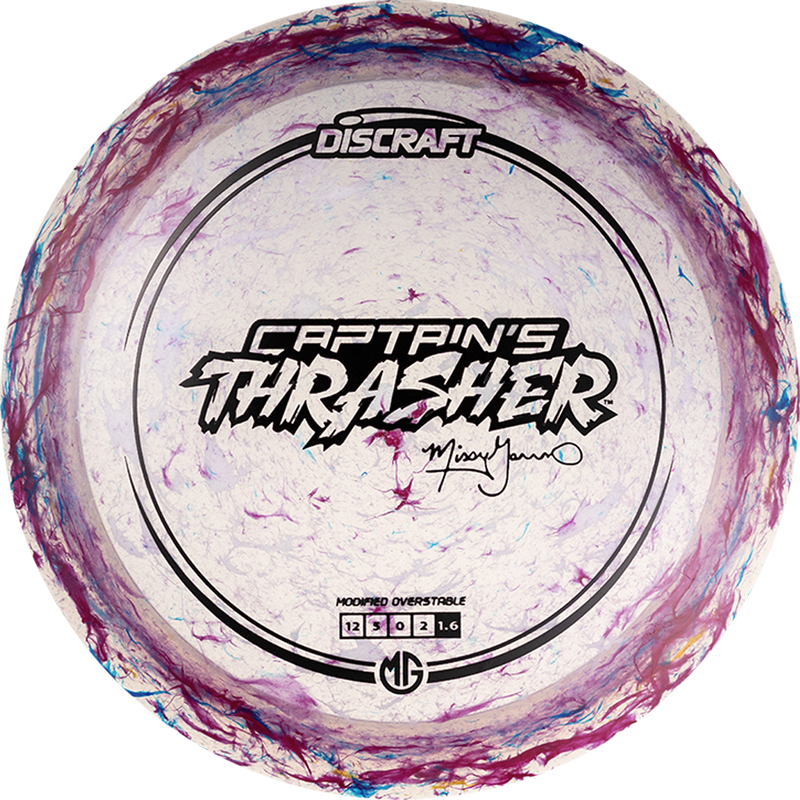 Discraft Z Jawbreaker Missy Gannon Captain's Thrasher driver disc, Missy Gannon 2025 Signature Series stamp, clear and purple disc
