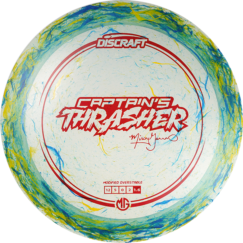 Discraft Z Jawbreaker Missy Gannon Captain's Thrasher driver disc, Missy Gannon 2025 Signature Series stamp, light green and yellow disc