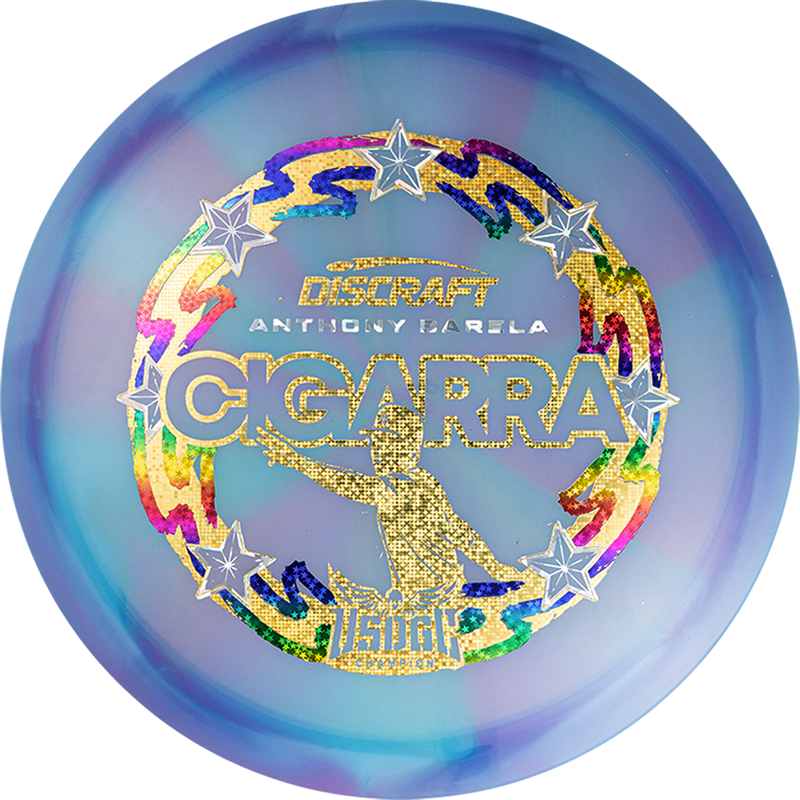 Discraft Z Swirl Anthony Barela Cigarra fairway driver disc, Anthony Barela 2025 USDGC Champion stamp, blue and purple disc