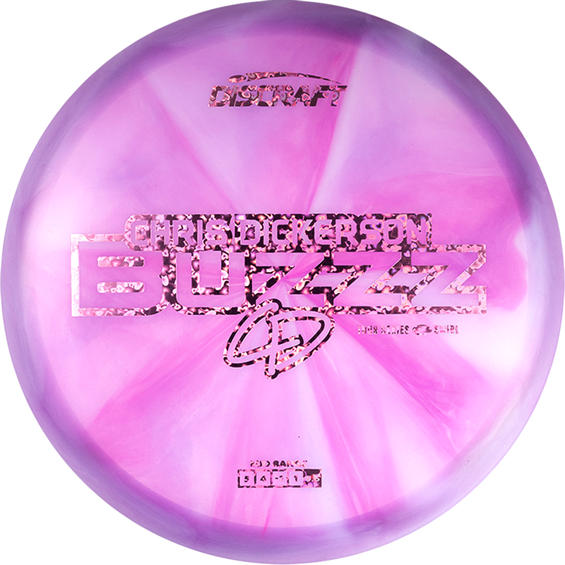 Discraft Z Swirl Buzzz midrange disc, Chris Dickerson 2025 Tour Series stamp, pink and light purple disc