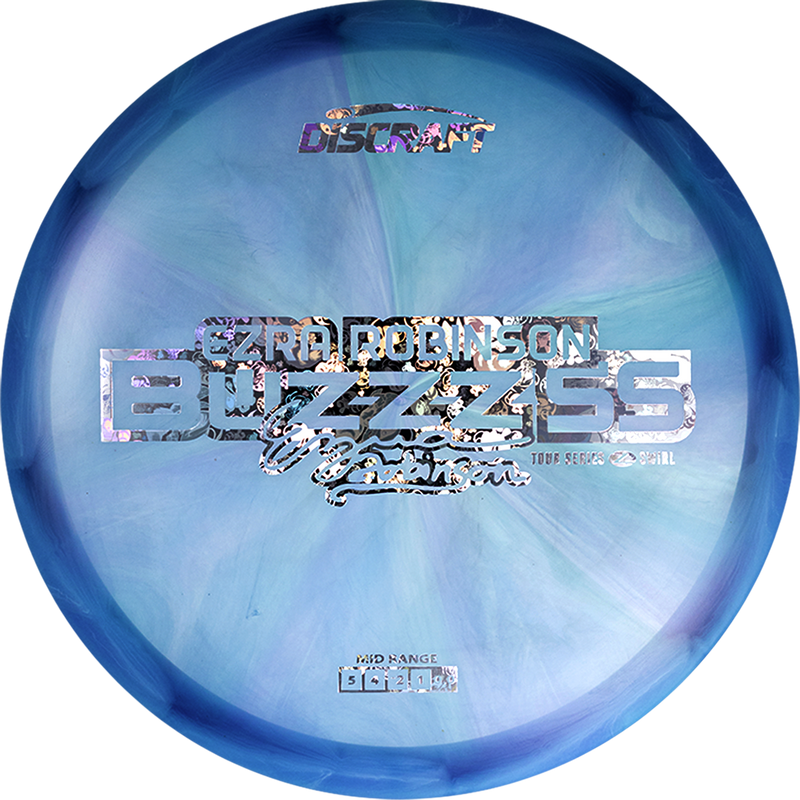 Discraft Z Swirl Buzzz SS midrange disc, Ezra Robinson 2025 Tour Series stamp, blue and light blurple disc
