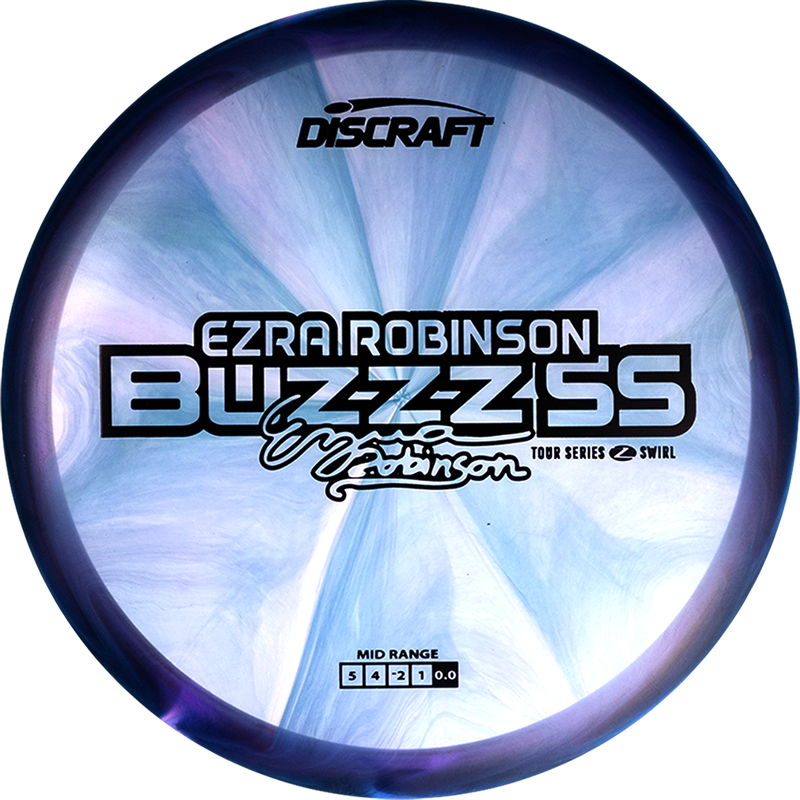 Discraft Z Swirl Buzzz SS midrange disc, Ezra Robinson 2025 Tour Series stamp, dark blue and light blue disc