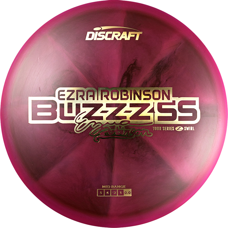 Discraft Z Swirl Buzzz SS midrange disc, Ezra Robinson 2025 Tour Series stamp, dark pink and pink disc