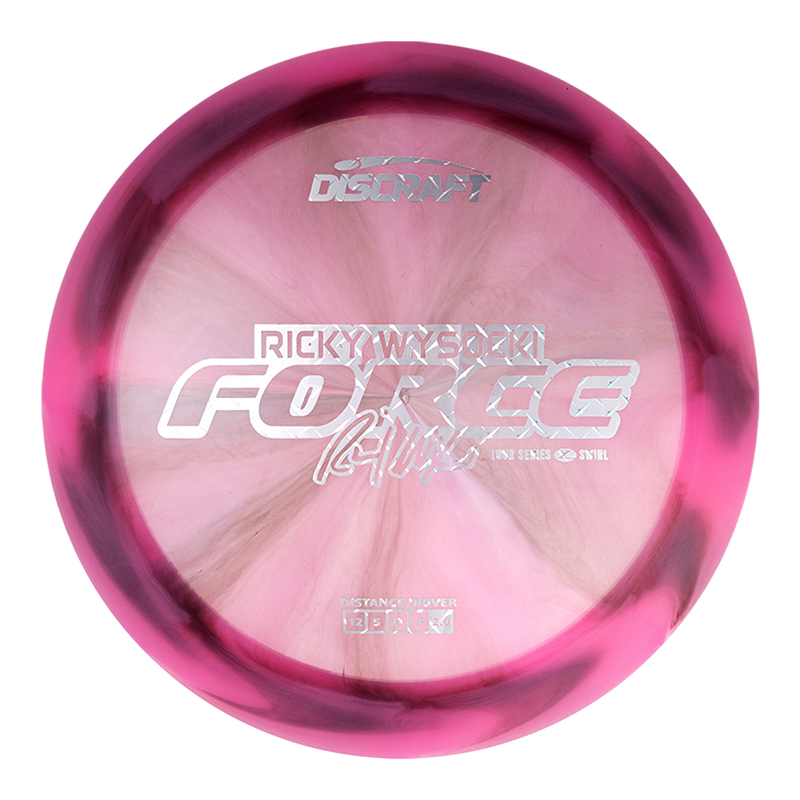 Discraft Z Swirl Force driver disc, Ricky Wysocki 2025 Tour Series stamp, dark pink and black disc