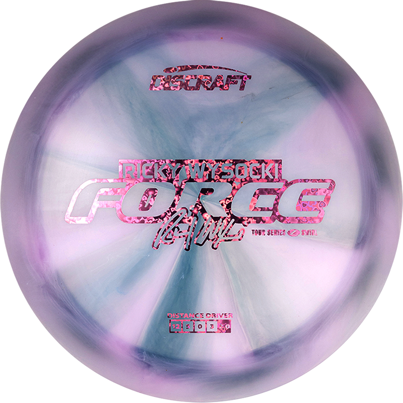 Discraft Z Swirl Force driver disc, Ricky Wysocki 2025 Tour Series stamp, light purple and dark blue disc