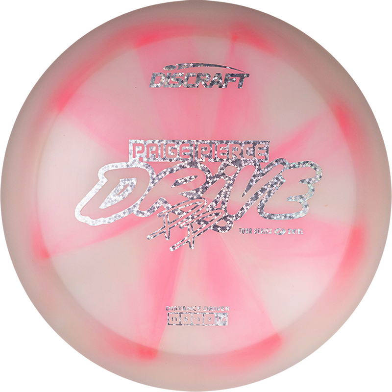 Discraft Z Swirl Paige Pierce Drive driver disc, Paige Pierce 2025 Tour Series stamp, light pink and pink disc