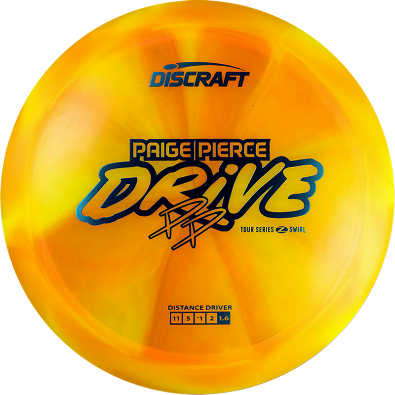 Discraft Z Swirl Paige Pierce Drive driver disc, Paige Pierce 2025 Tour Series stamp, orange and dark yellow disc