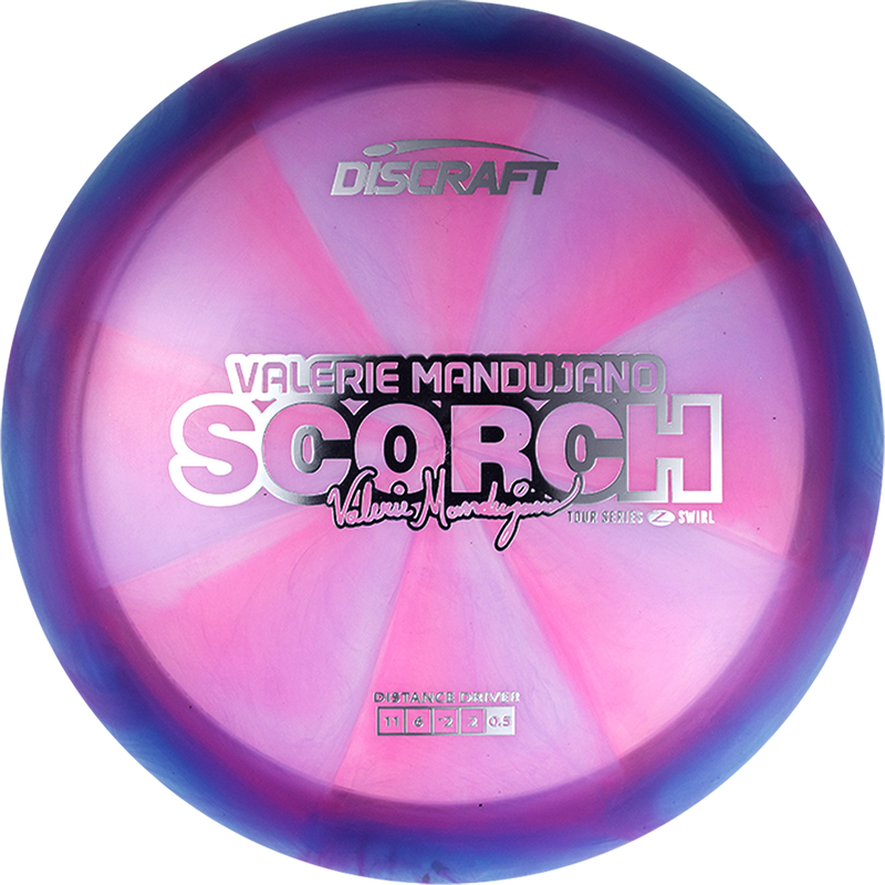 Discraft Z Swirl Scorch driver disc, Valerie Mandujano 2025 Tour Series stamp, pink and blurple disc