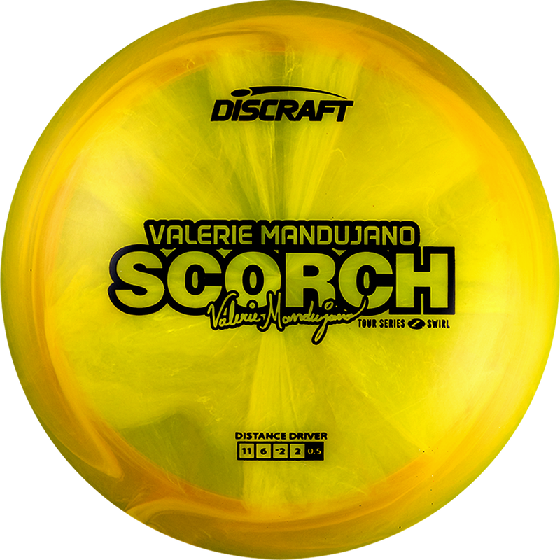 Discraft Z Swirl Scorch driver disc, Valerie Mandujano 2025 Tour Series stamp, yellow and dark yellow disc