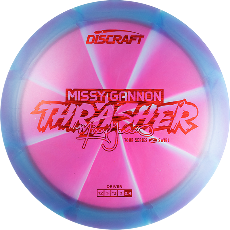 Discraft Z Swirl Thrasher driver disc, Missy Gannon 2025 Tour Series stamp, dark pink and blurple disc