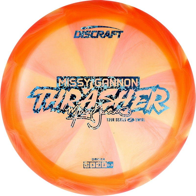 Discraft Z Swirl Thrasher driver disc, Missy Gannon 2025 Tour Series stamp, light orange and light pink disc