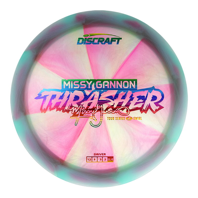 Discraft Z Swirl Thrasher driver disc, Missy Gannon 2025 Tour Series stamp, light pink and dark blue disc